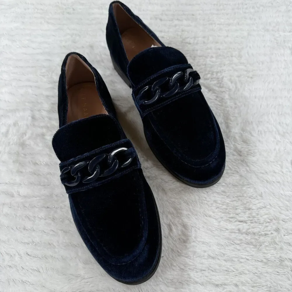 Cole Haan Womens Stassi Velvet Chain Loafer Navy Blue Size 6 Dress Flat
